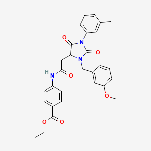 molecular formula C29H29N3O6 B11292917 Ethyl 4-({[3-(3-methoxybenzyl)-1-(3-methylphenyl)-2,5-dioxoimidazolidin-4-yl]acetyl}amino)benzoate 