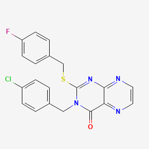 molecular formula C20H14ClFN4OS B11293174 3-[(4-Chlorophenyl)methyl]-2-{[(4-fluorophenyl)methyl]sulfanyl}-3,4-dihydropteridin-4-one 