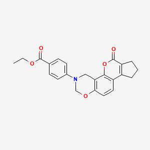 molecular formula C23H21NO5 B11293505 Ethyl 4-[6-oxo-6,7,8,9-tetrahydro-2H-cyclopenta[3,4]chromeno[8,7-E][1,3]oxazin-3(4H)-YL]benzoate 