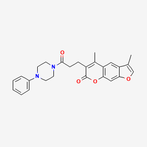 molecular formula C26H26N2O4 B11294078 3,5-dimethyl-6-[3-oxo-3-(4-phenylpiperazin-1-yl)propyl]-7H-furo[3,2-g]chromen-7-one 