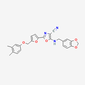 molecular formula C25H21N3O5 B11294367 5-[(1,3-Benzodioxol-5-ylmethyl)amino]-2-{5-[(3,4-dimethylphenoxy)methyl]furan-2-yl}-1,3-oxazole-4-carbonitrile 