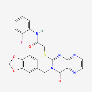 molecular formula C22H16FN5O4S B11296464 2-({3-[(2H-1,3-benzodioxol-5-yl)methyl]-4-oxo-3,4-dihydropteridin-2-yl}sulfanyl)-N-(2-fluorophenyl)acetamide 