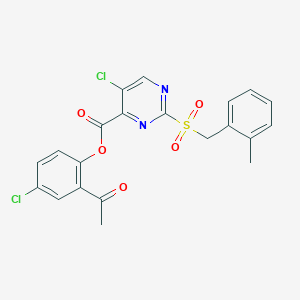 molecular formula C21H16Cl2N2O5S B11296483 2-Acetyl-4-chlorophenyl 5-chloro-2-[(2-methylbenzyl)sulfonyl]pyrimidine-4-carboxylate 