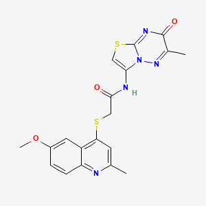 molecular formula C19H17N5O3S2 B11296723 2-[(6-Methoxy-2-methylquinolin-4-YL)sulfanyl]-N-{6-methyl-7-oxo-7H-[1,3]thiazolo[3,2-B][1,2,4]triazin-3-YL}acetamide 