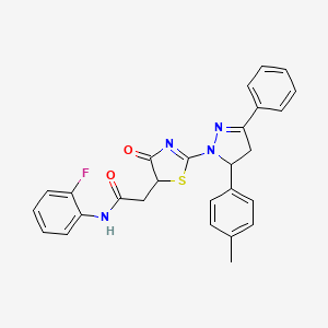 molecular formula C27H23FN4O2S B11297171 N-(2-fluorophenyl)-2-{2-[5-(4-methylphenyl)-3-phenyl-4,5-dihydro-1H-pyrazol-1-yl]-4-oxo-4,5-dihydro-1,3-thiazol-5-yl}acetamide 