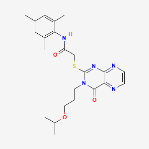 molecular formula C23H29N5O3S B11297356 2-({4-oxo-3-[3-(propan-2-yloxy)propyl]-3,4-dihydropteridin-2-yl}sulfanyl)-N-(2,4,6-trimethylphenyl)acetamide 