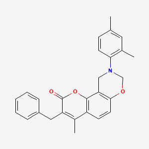 molecular formula C27H25NO3 B11297555 3-benzyl-9-(2,4-dimethylphenyl)-4-methyl-9,10-dihydro-2H,8H-chromeno[8,7-e][1,3]oxazin-2-one 