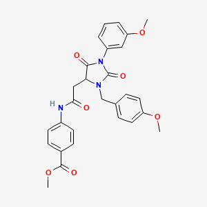 molecular formula C28H27N3O7 B11297593 Methyl 4-({[3-(4-methoxybenzyl)-1-(3-methoxyphenyl)-2,5-dioxoimidazolidin-4-yl]acetyl}amino)benzoate 