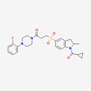 molecular formula C26H30FN3O4S B11298258 3-[(1-Cyclopropanecarbonyl-2-methyl-2,3-dihydro-1H-indol-5-YL)sulfonyl]-1-[4-(2-fluorophenyl)piperazin-1-YL]propan-1-one CAS No. 931950-36-6