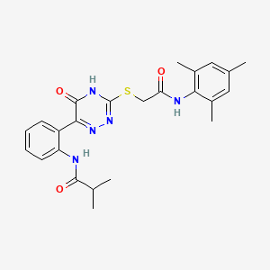 molecular formula C24H27N5O3S B11299078 2-methyl-N-{2-[5-oxo-3-({2-oxo-2-[(2,4,6-trimethylphenyl)amino]ethyl}sulfanyl)-4,5-dihydro-1,2,4-triazin-6-yl]phenyl}propanamide 