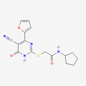 molecular formula C16H16N4O3S B11299225 2-{[5-Cyano-4-(furan-2-YL)-6-oxo-1,6-dihydropyrimidin-2-YL]sulfanyl}-N-cyclopentylacetamide 