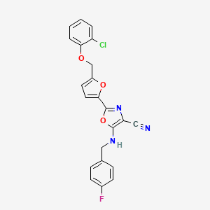 molecular formula C22H15ClFN3O3 B11299290 2-{5-[(2-Chlorophenoxy)methyl]furan-2-yl}-5-[(4-fluorobenzyl)amino]-1,3-oxazole-4-carbonitrile 