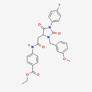 molecular formula C28H26FN3O6 B11299596 Ethyl 4-({[1-(4-fluorophenyl)-3-(3-methoxybenzyl)-2,5-dioxoimidazolidin-4-yl]acetyl}amino)benzoate 