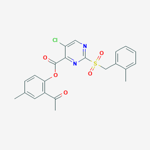 molecular formula C22H19ClN2O5S B11299607 2-Acetyl-4-methylphenyl 5-chloro-2-[(2-methylbenzyl)sulfonyl]pyrimidine-4-carboxylate 