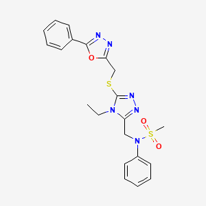 molecular formula C21H22N6O3S2 B11300334 N-[(4-ethyl-5-{[(5-phenyl-1,3,4-oxadiazol-2-yl)methyl]sulfanyl}-4H-1,2,4-triazol-3-yl)methyl]-N-phenylmethanesulfonamide 