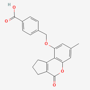 molecular formula C21H18O5 B11300590 4-{[(7-Methyl-4-oxo-1,2,3,4-tetrahydrocyclopenta[c]chromen-9-yl)oxy]methyl}benzoic acid 