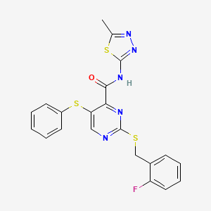 molecular formula C21H16FN5OS3 B11301287 2-[(2-fluorobenzyl)sulfanyl]-N-(5-methyl-1,3,4-thiadiazol-2-yl)-5-(phenylsulfanyl)pyrimidine-4-carboxamide 