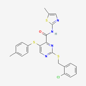 molecular formula C23H19ClN4OS3 B11303684 2-[(2-chlorobenzyl)sulfanyl]-5-[(4-methylphenyl)sulfanyl]-N-(5-methyl-1,3-thiazol-2-yl)pyrimidine-4-carboxamide 