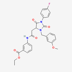 molecular formula C28H26FN3O6 B11303752 Ethyl 3-({[1-(4-fluorophenyl)-3-(3-methoxybenzyl)-2,5-dioxoimidazolidin-4-yl]acetyl}amino)benzoate 