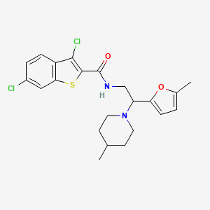 molecular formula C22H24Cl2N2O2S B11304611 3,6-dichloro-N-[2-(5-methylfuran-2-yl)-2-(4-methylpiperidin-1-yl)ethyl]-1-benzothiophene-2-carboxamide 