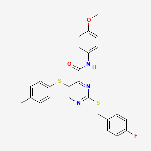 molecular formula C26H22FN3O2S2 B11304963 2-[(4-fluorobenzyl)sulfanyl]-N-(4-methoxyphenyl)-5-[(4-methylphenyl)sulfanyl]pyrimidine-4-carboxamide 