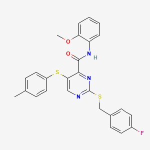 molecular formula C26H22FN3O2S2 B11305247 2-[(4-fluorobenzyl)sulfanyl]-N-(2-methoxyphenyl)-5-[(4-methylphenyl)sulfanyl]pyrimidine-4-carboxamide 