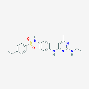 molecular formula C21H25N5O2S B11305359 4-ethyl-N-(4-((2-(ethylamino)-6-methylpyrimidin-4-yl)amino)phenyl)benzenesulfonamide 