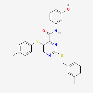 molecular formula C26H23N3O2S2 B11305452 N-(3-hydroxyphenyl)-2-[(3-methylbenzyl)sulfanyl]-5-[(4-methylphenyl)sulfanyl]pyrimidine-4-carboxamide 