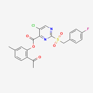 molecular formula C21H16ClFN2O5S B11306209 2-Acetyl-5-methylphenyl 5-chloro-2-[(4-fluorobenzyl)sulfonyl]pyrimidine-4-carboxylate 