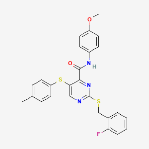 molecular formula C26H22FN3O2S2 B11307163 2-[(2-fluorobenzyl)sulfanyl]-N-(4-methoxyphenyl)-5-[(4-methylphenyl)sulfanyl]pyrimidine-4-carboxamide 