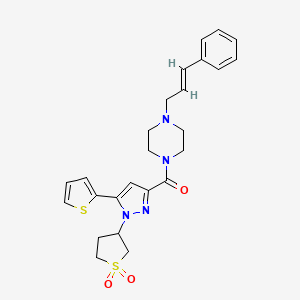 molecular formula C25H28N4O3S2 B11309692 3-(3-{4-[(2E)-3-Phenylprop-2-EN-1-YL]piperazine-1-carbonyl}-5-(thiophen-2-YL)-1H-pyrazol-1-YL)-1lambda6-thiolane-11-dione 