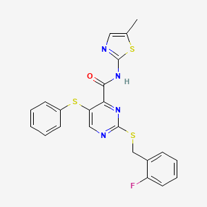 molecular formula C22H17FN4OS3 B11311031 2-[(2-fluorobenzyl)sulfanyl]-N-(5-methyl-1,3-thiazol-2-yl)-5-(phenylsulfanyl)pyrimidine-4-carboxamide 