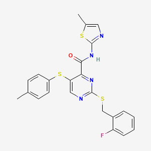 molecular formula C23H19FN4OS3 B11311282 2-[(2-fluorobenzyl)sulfanyl]-5-[(4-methylphenyl)sulfanyl]-N-(5-methyl-1,3-thiazol-2-yl)pyrimidine-4-carboxamide 