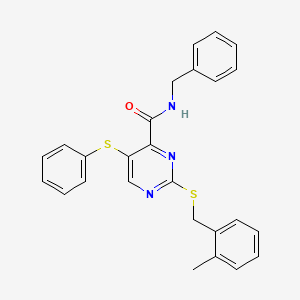 molecular formula C26H23N3OS2 B11313087 N-benzyl-2-[(2-methylbenzyl)sulfanyl]-5-(phenylsulfanyl)pyrimidine-4-carboxamide 