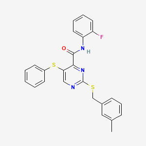 molecular formula C25H20FN3OS2 B11313806 N-(2-fluorophenyl)-2-[(3-methylbenzyl)sulfanyl]-5-(phenylsulfanyl)pyrimidine-4-carboxamide 