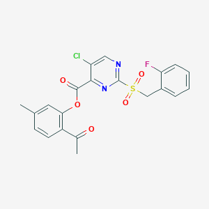 molecular formula C21H16ClFN2O5S B11315377 2-Acetyl-5-methylphenyl 5-chloro-2-[(2-fluorobenzyl)sulfonyl]pyrimidine-4-carboxylate 