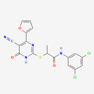 molecular formula C18H12Cl2N4O3S B11315487 2-{[5-Cyano-4-(furan-2-YL)-6-oxo-1,6-dihydropyrimidin-2-YL]sulfanyl}-N-(3,5-dichlorophenyl)propanamide 