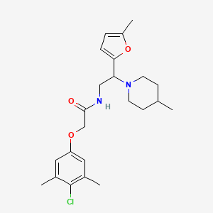 2-(4-chloro-3,5-dimethylphenoxy)-N-[2-(5-methylfuran-2-yl)-2-(4-methylpiperidin-1-yl)ethyl]acetamide