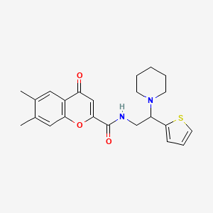 molecular formula C23H26N2O3S B11319351 6,7-dimethyl-4-oxo-N-[2-(piperidin-1-yl)-2-(thiophen-2-yl)ethyl]-4H-chromene-2-carboxamide 