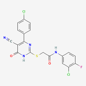 molecular formula C19H11Cl2FN4O2S B11322545 N-(3-Chloro-4-fluorophenyl)-2-{[4-(4-chlorophenyl)-5-cyano-6-oxo-1,6-dihydropyrimidin-2-YL]sulfanyl}acetamide 