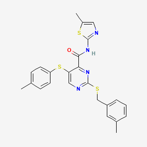 molecular formula C24H22N4OS3 B11322659 2-[(3-methylbenzyl)sulfanyl]-5-[(4-methylphenyl)sulfanyl]-N-(5-methyl-1,3-thiazol-2-yl)pyrimidine-4-carboxamide 