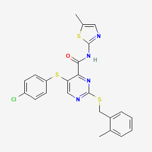 molecular formula C23H19ClN4OS3 B11322804 5-[(4-chlorophenyl)sulfanyl]-2-[(2-methylbenzyl)sulfanyl]-N-(5-methyl-1,3-thiazol-2-yl)pyrimidine-4-carboxamide 