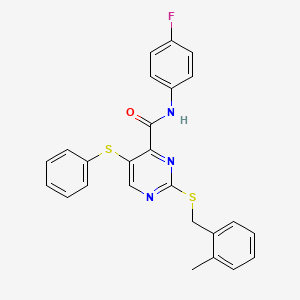 molecular formula C25H20FN3OS2 B11322873 N-(4-fluorophenyl)-2-[(2-methylbenzyl)sulfanyl]-5-(phenylsulfanyl)pyrimidine-4-carboxamide 