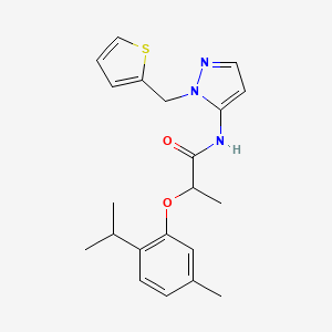 molecular formula C21H25N3O2S B11323377 2-[5-methyl-2-(propan-2-yl)phenoxy]-N-[1-(thiophen-2-ylmethyl)-1H-pyrazol-5-yl]propanamide 