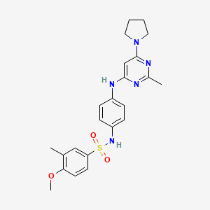 molecular formula C23H27N5O3S B11324346 4-methoxy-3-methyl-N-(4-((2-methyl-6-(pyrrolidin-1-yl)pyrimidin-4-yl)amino)phenyl)benzenesulfonamide 