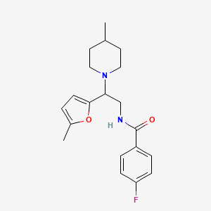 4-fluoro-N-[2-(5-methylfuran-2-yl)-2-(4-methylpiperidin-1-yl)ethyl]benzamide