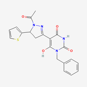 (5Z)-5-[1-acetyl-5-(thiophen-2-yl)pyrazolidin-3-ylidene]-1-benzylpyrimidine-2,4,6(1H,3H,5H)-trione