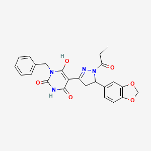 molecular formula C24H22N4O6 B11328438 (5Z)-5-[5-(1,3-benzodioxol-5-yl)-1-propanoylpyrazolidin-3-ylidene]-1-benzylpyrimidine-2,4,6(1H,3H,5H)-trione 