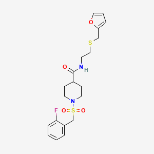 molecular formula C20H25FN2O4S2 B11333592 1-[(2-fluorobenzyl)sulfonyl]-N-{2-[(furan-2-ylmethyl)sulfanyl]ethyl}piperidine-4-carboxamide 