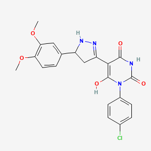 (5Z)-3-(4-chlorophenyl)-5-[5-(3,4-dimethoxyphenyl)pyrazolidin-3-ylidene]-6-hydroxypyrimidine-2,4(3H,5H)-dione